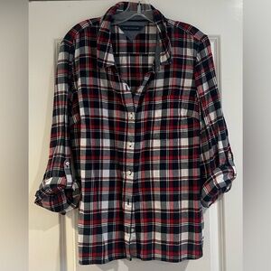 Tommy Hilfiger Women’s Red and Black Plaid Button Down Shirt XL Rolled Sleeves